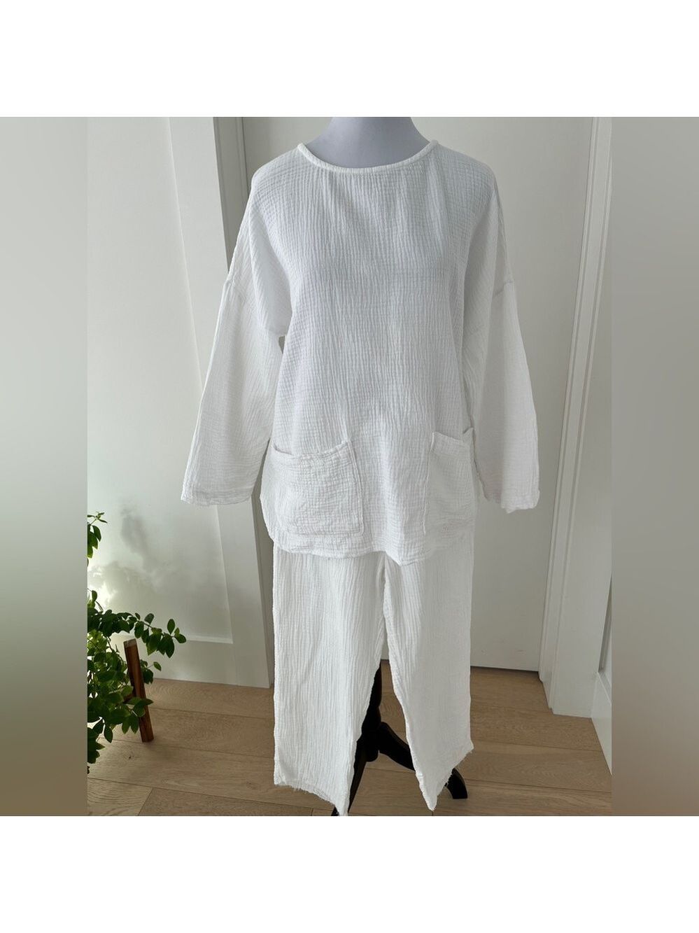 LOUNGE 2 Piece Set Lightweight 100% Textured Cotton Oversize Top Pull On Pants